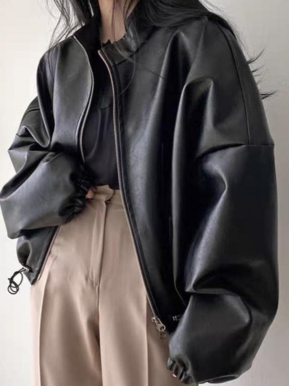 Black Vintage Drawstring Vegan Leather Jacket with Collar Neck