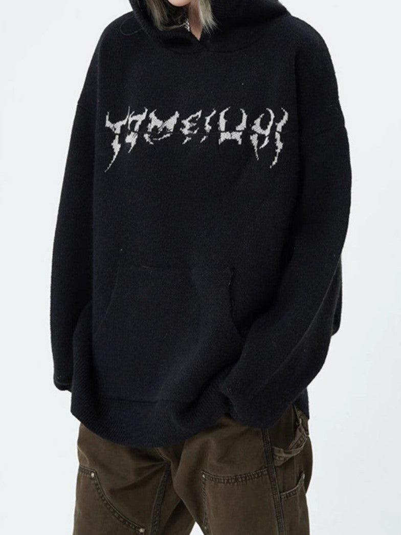 Black Punk Hooded Sweater with Skull Jacquard Pattern
