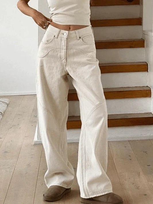 White Vintage Straight Leg Baggy Boyfriend Jeans with Splice