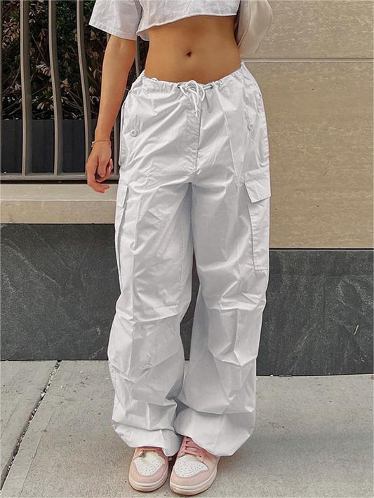 Pantalon cargo blanc Y2K Baggy Parachute avec cordon de serrage