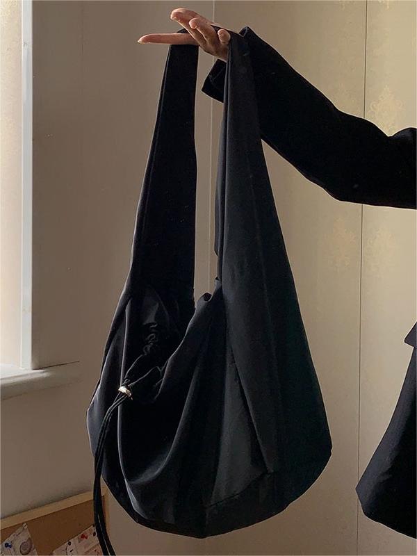 Black Nylon Shoulder Bag with Drawstring