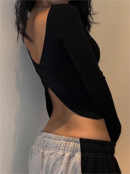 Black Long Sleeve Top with Backless Slit