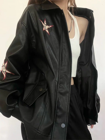 Black Leather Jacket with Lapel Collar and Embroidery