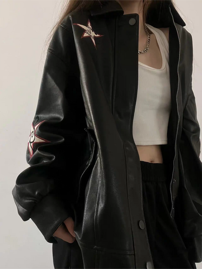 Black Leather Jacket with Lapel Collar and Embroidery