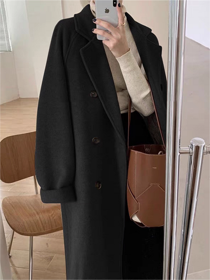 Classic Double-Breasted Long Coat with Lapel Collar and Belt